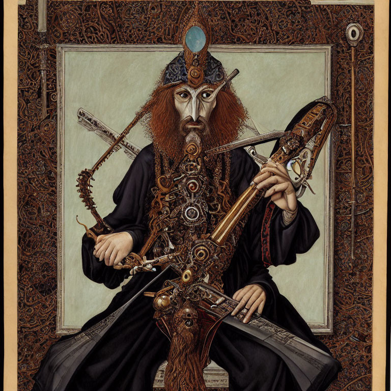 Intricately illustrated figure with beard and ornate headpiece holding mechanical instrument surrounded by detailed borders