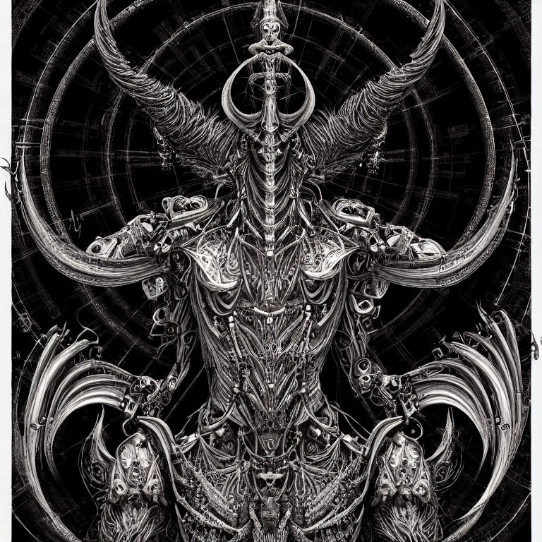 Monochrome symmetrical biomechanical figure with large horns in intricate artwork