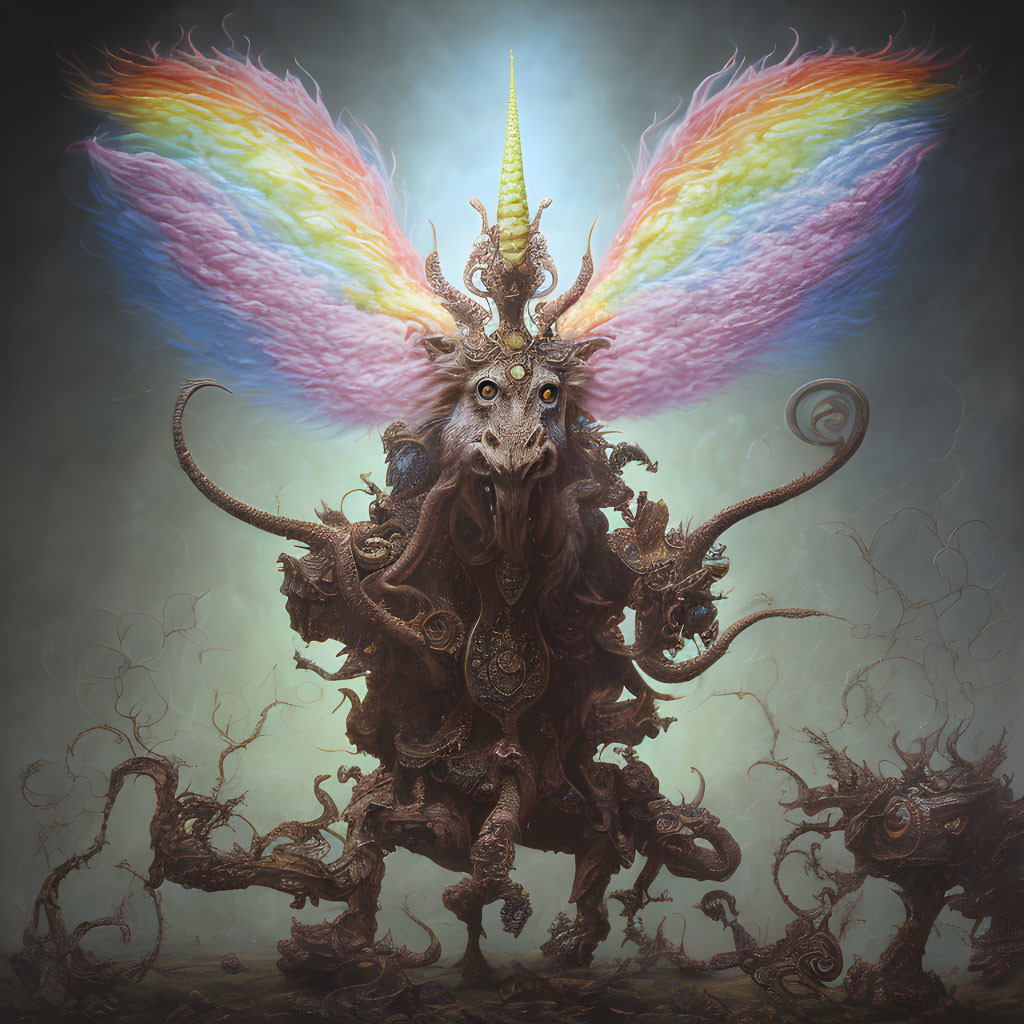 Mythical creature with unicorn horn, ornate armor, ram-like features, vibrant rainbow mane.