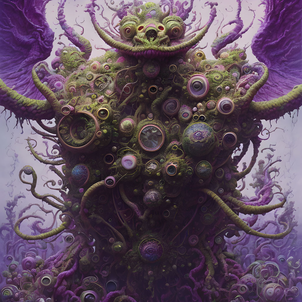 Surreal purple creature with multiple eyes and tentacles in misty environment