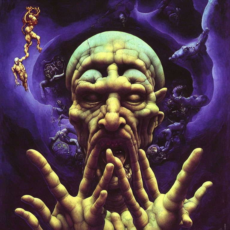 Surreal illustration of giant green humanoid head with multiple hands and smaller beings