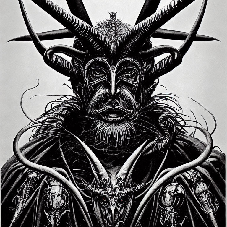 Detailed monochrome illustration of a menacing figure with horns, fur-trimmed cloak, and intricate patterns