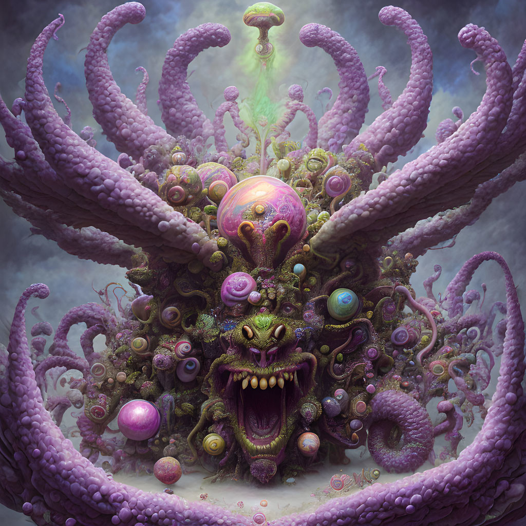 Monstrous surreal entity with purple tentacles and multiple eyes