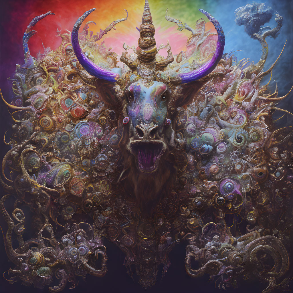 Colorful surreal illustration of creature with bovine head and horn in chaotic swirls.