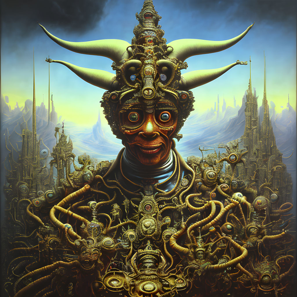 Intricate surrealist painting: Ornate creature with multiple eyes and elaborate headgear against towering sp