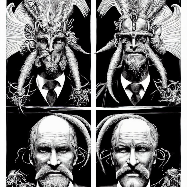 Monochromatic portraits show fantastical creature to stern man