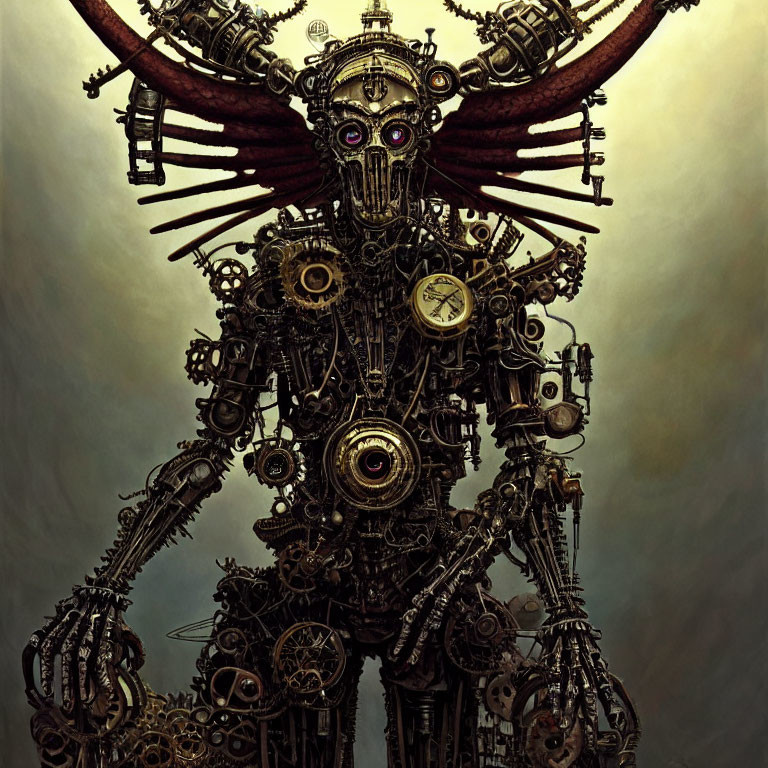 Steampunk robot with clock parts, gears, wings, and purple eyes on moody background