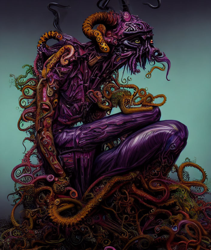 Purple-skinned creature with tentacles and horns in misty setting