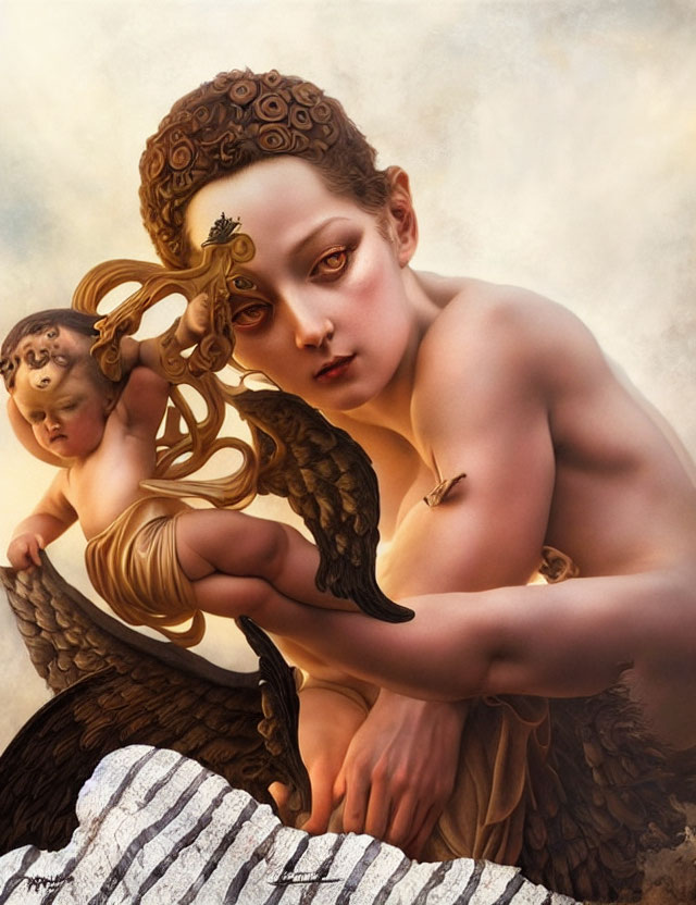 Surreal digital artwork featuring woman with intricate hair and cherub in classical painting style against cloudy backdrop