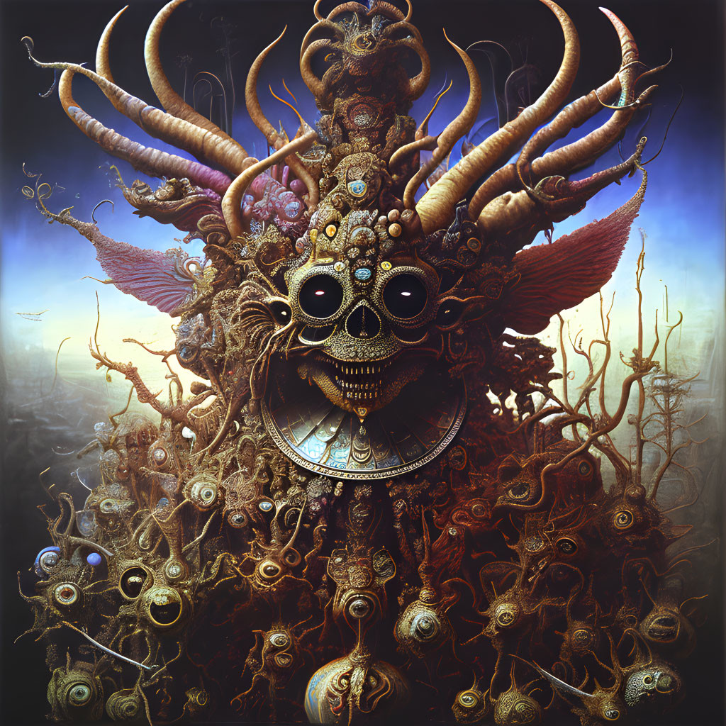 Fantasy creature with skull-like face and horns in dark mystical setting