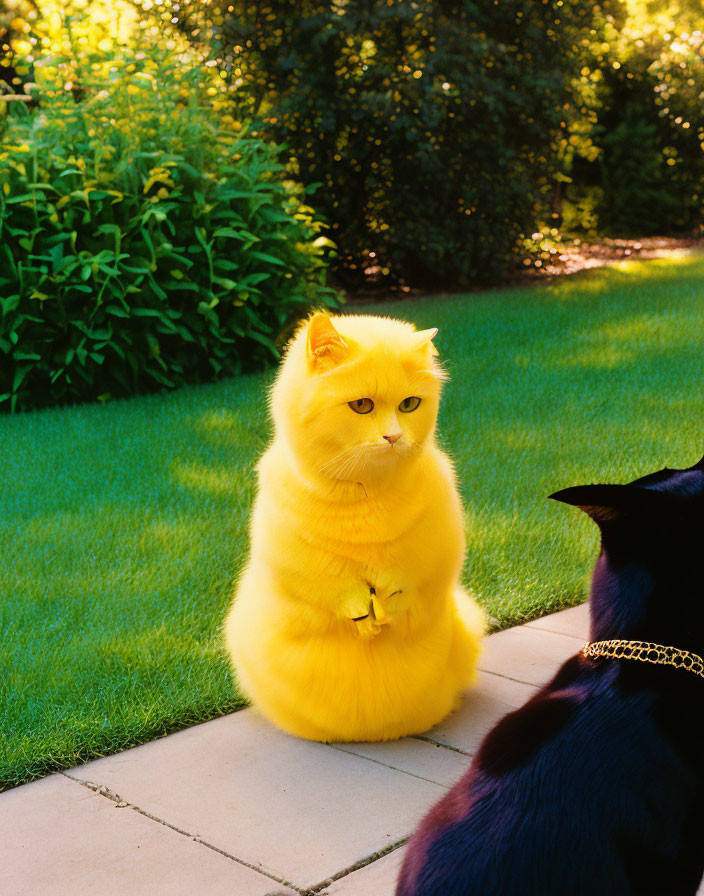 Yellow cat sitting on path facing black animal in lush greenery