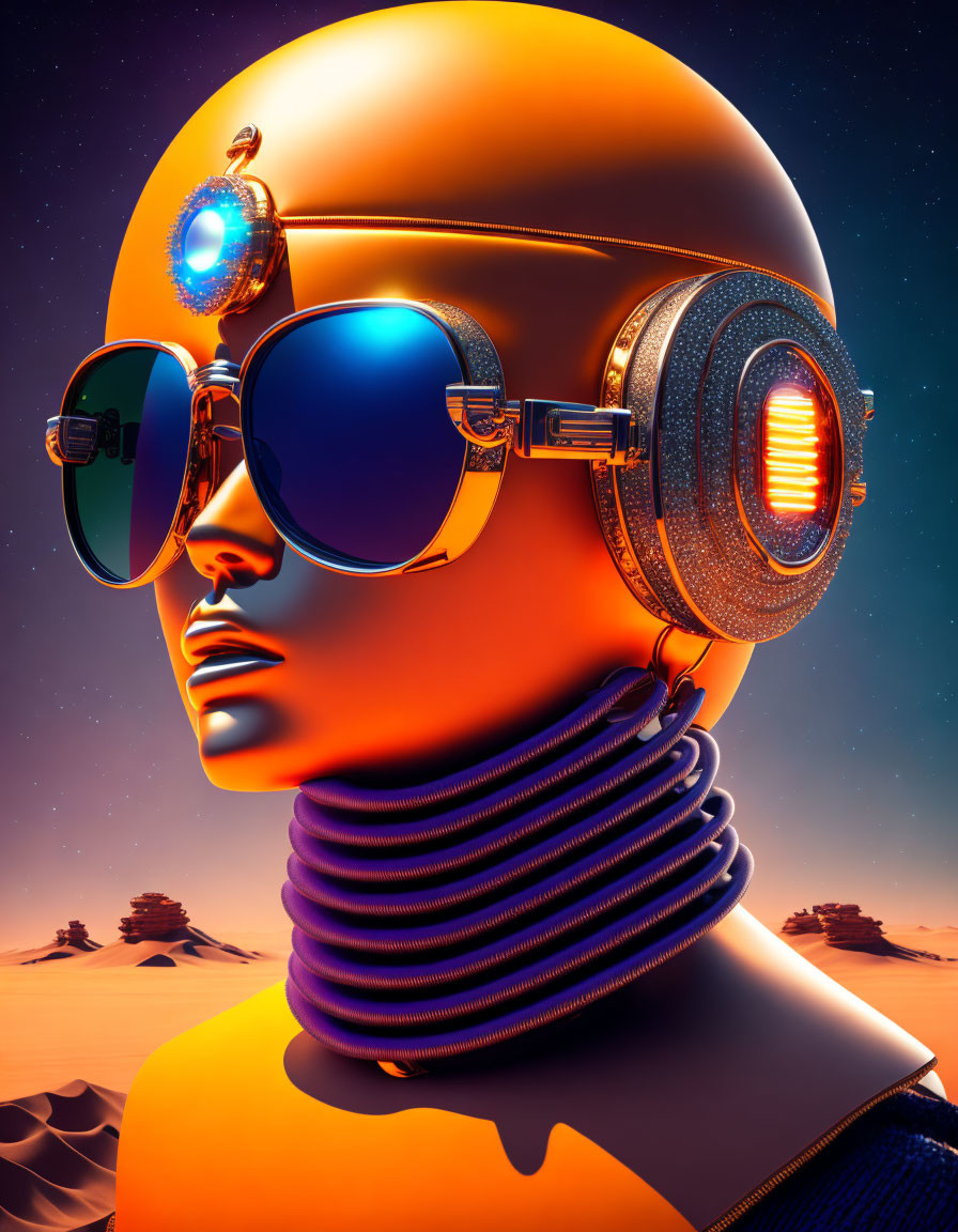 Futuristic robot with glossy orange head in oversized sunglasses, headphones, and coil in desert.