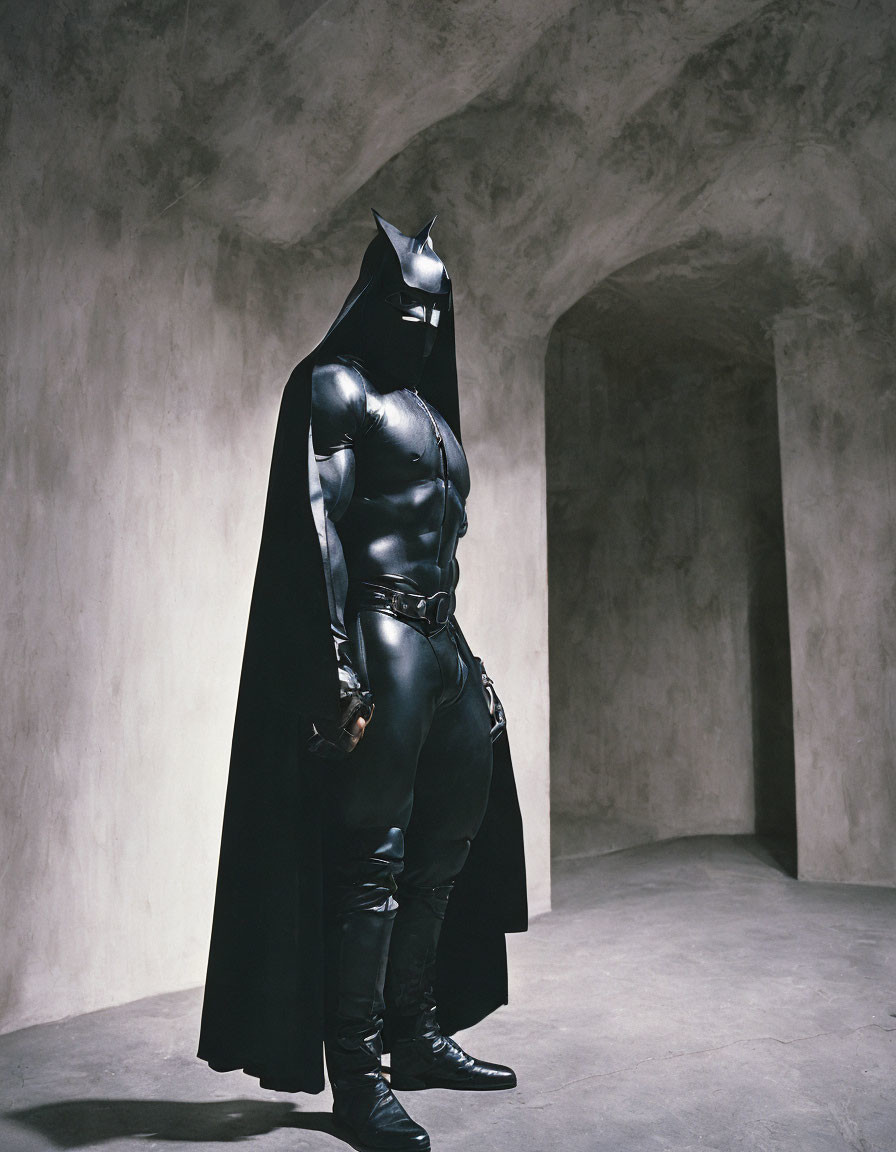 Iconic superhero in bat costume in dimly lit room