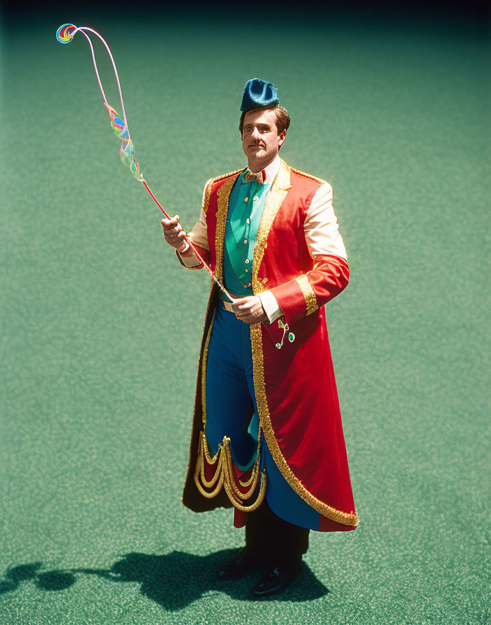 Colorful Ringmaster Costume Performer with Whip in Green Backdrop