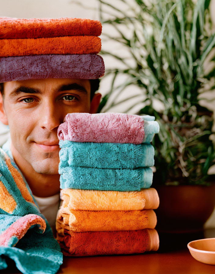 Man peeking from behind colorful towels with plant and terracotta pot.