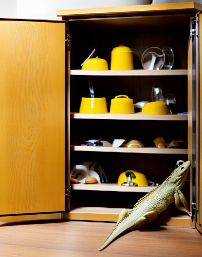 Green iguana in kitchen cabinet with yellow dishes and glasses