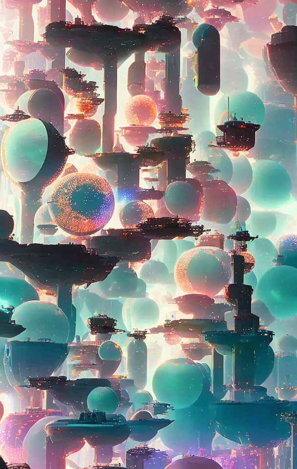 Fantastical city with floating platforms and spherical structures in pink and teal sky