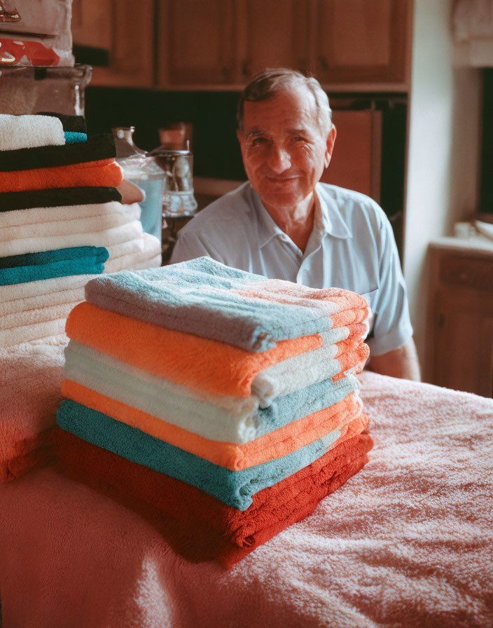 Elderly man smiling with colorful folded towels in cozy room