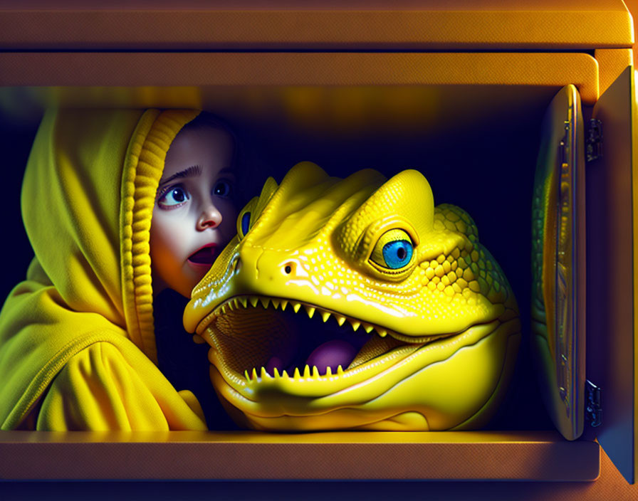 Child in yellow hoodie fascinated by vibrant reptilian creature in dark locker