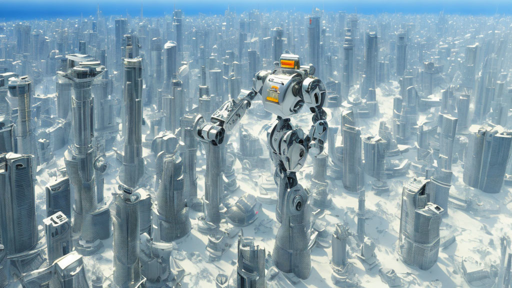 Futuristic cityscape digital artwork with cylindrical skyscrapers and flying robot