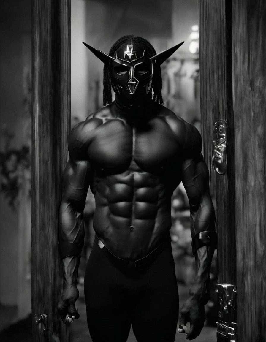 Muscular person in dark, horned mask with star designs in monochromatic setting