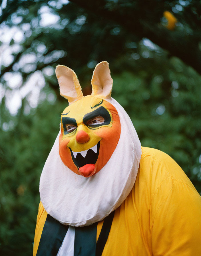 Exaggerated cartoonish rabbit mask on person, green background