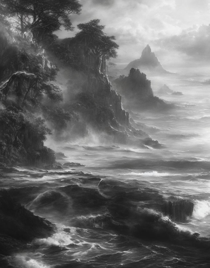 Monochrome landscape: turbulent ocean, misty cliffs, twisted trees