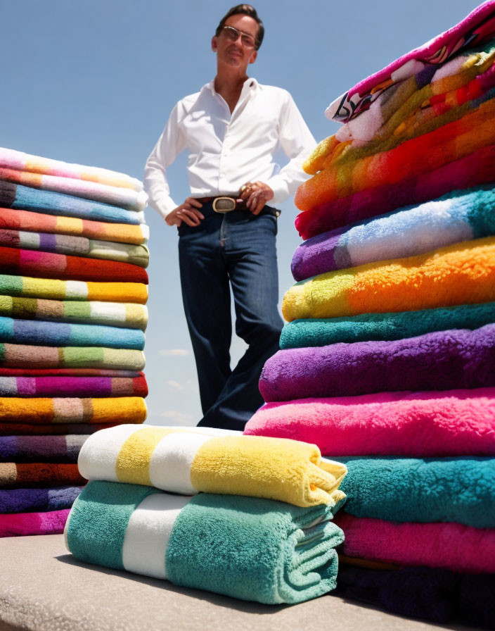 Colorful Towel Stacks with Person Outdoors