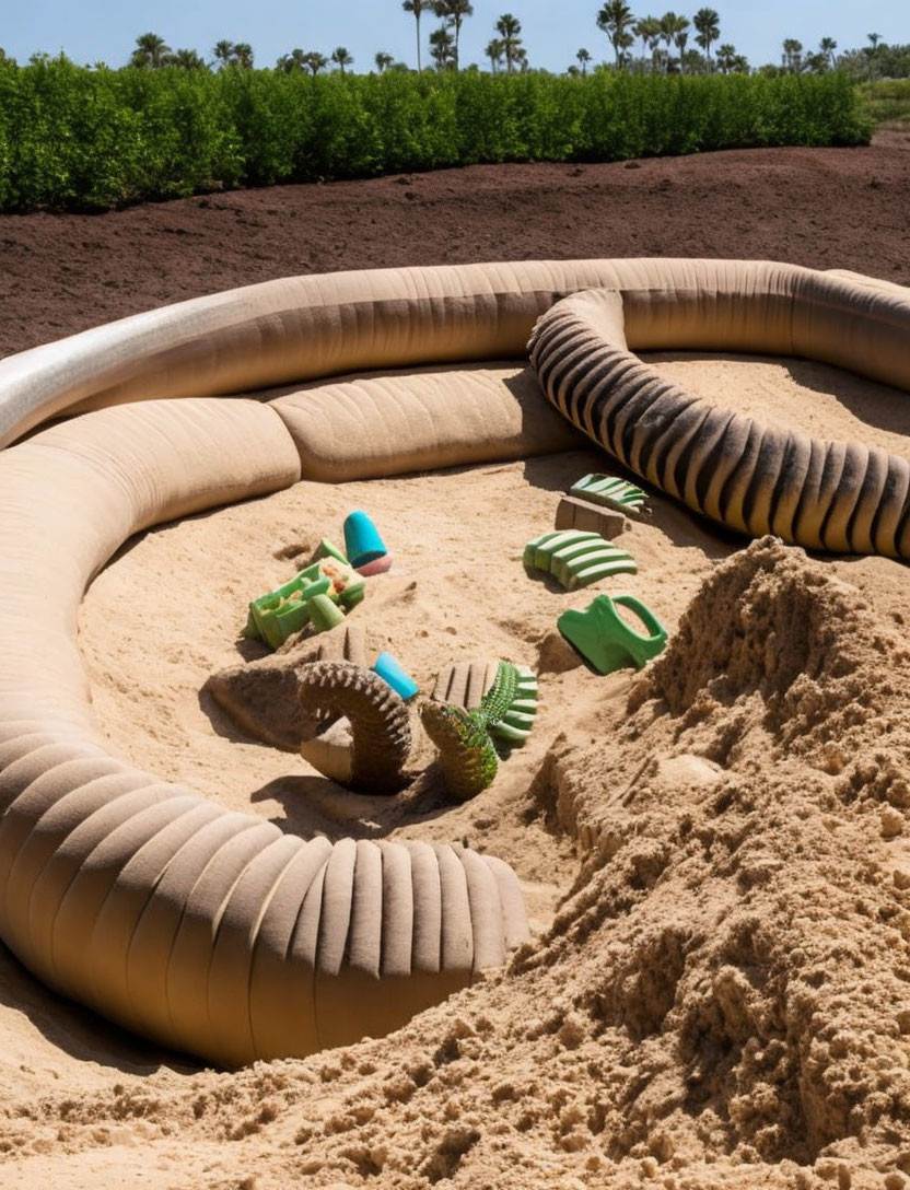 Sandy playground with concrete bench and toys under sunny sky