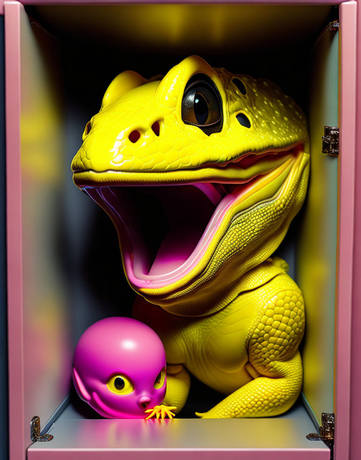 Colorful Cartoon Gecko and Purple Creature on Pink Shelf