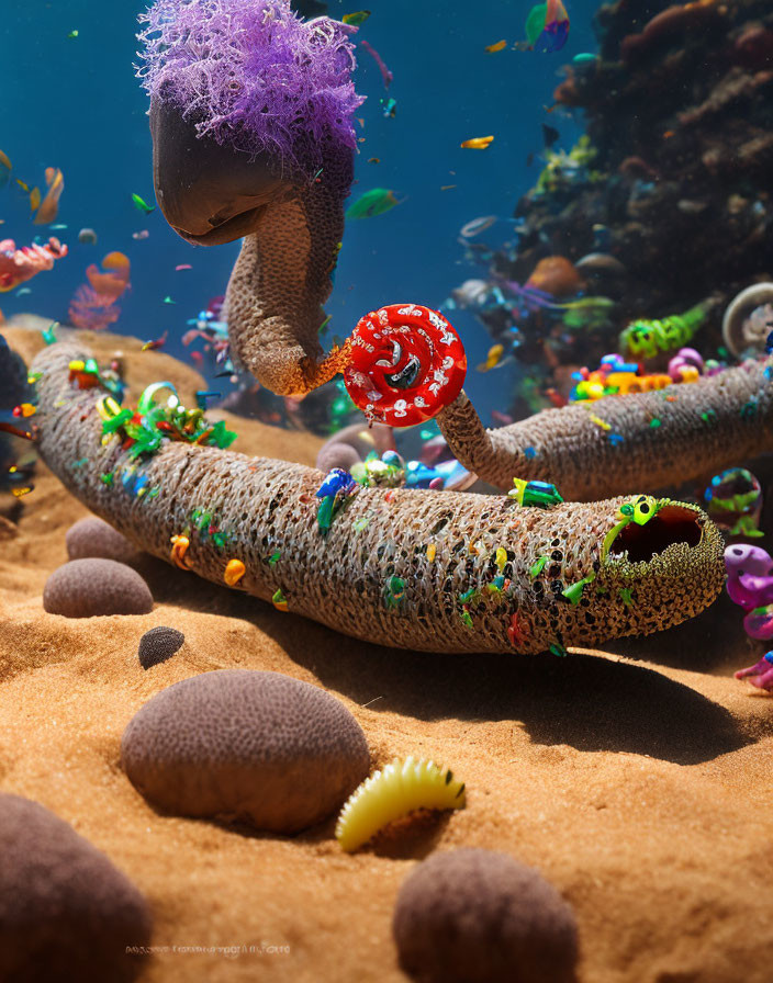 Colorful Underwater Scene with Vibrant Sea Creatures and Knitted Sea Snake Cozy