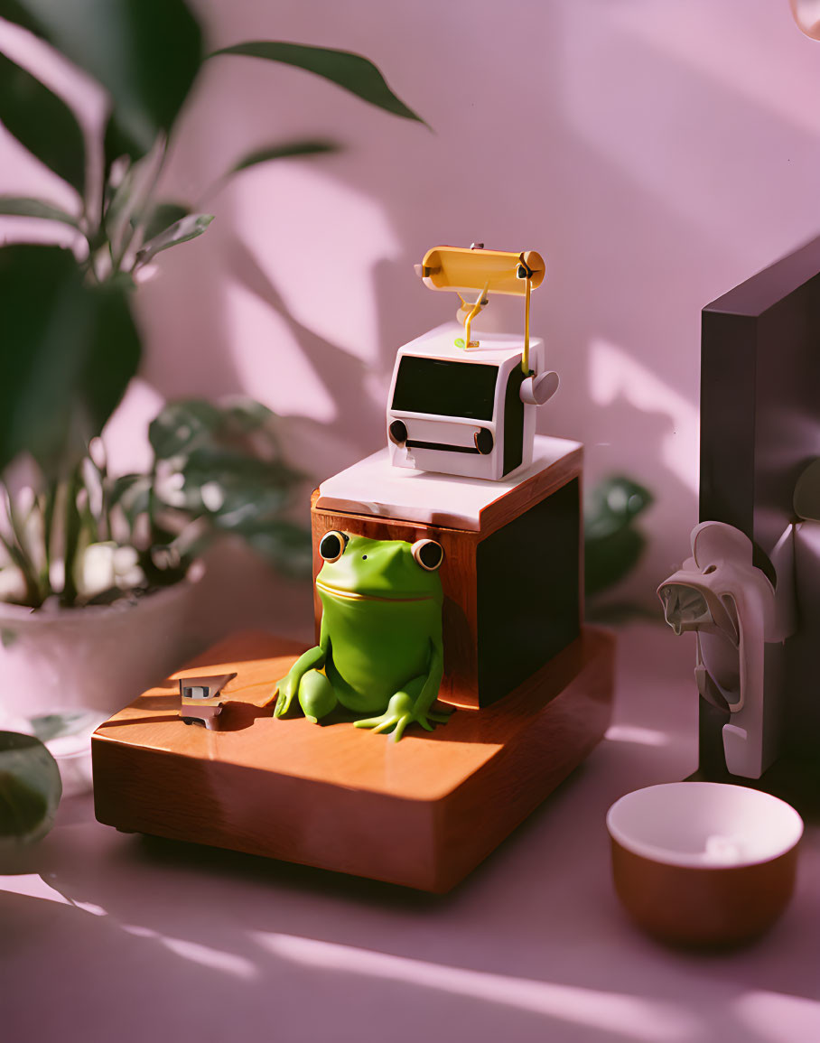 Colorful 3D illustration of green frog on wooden tray with toy lamp and desk organizer.