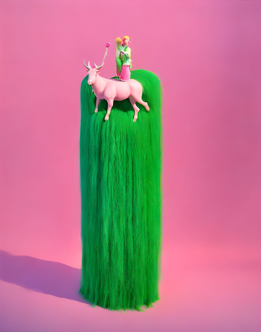 Colorful Outfit Person on Unicorn Float on Grass Cylinder in Pink Background