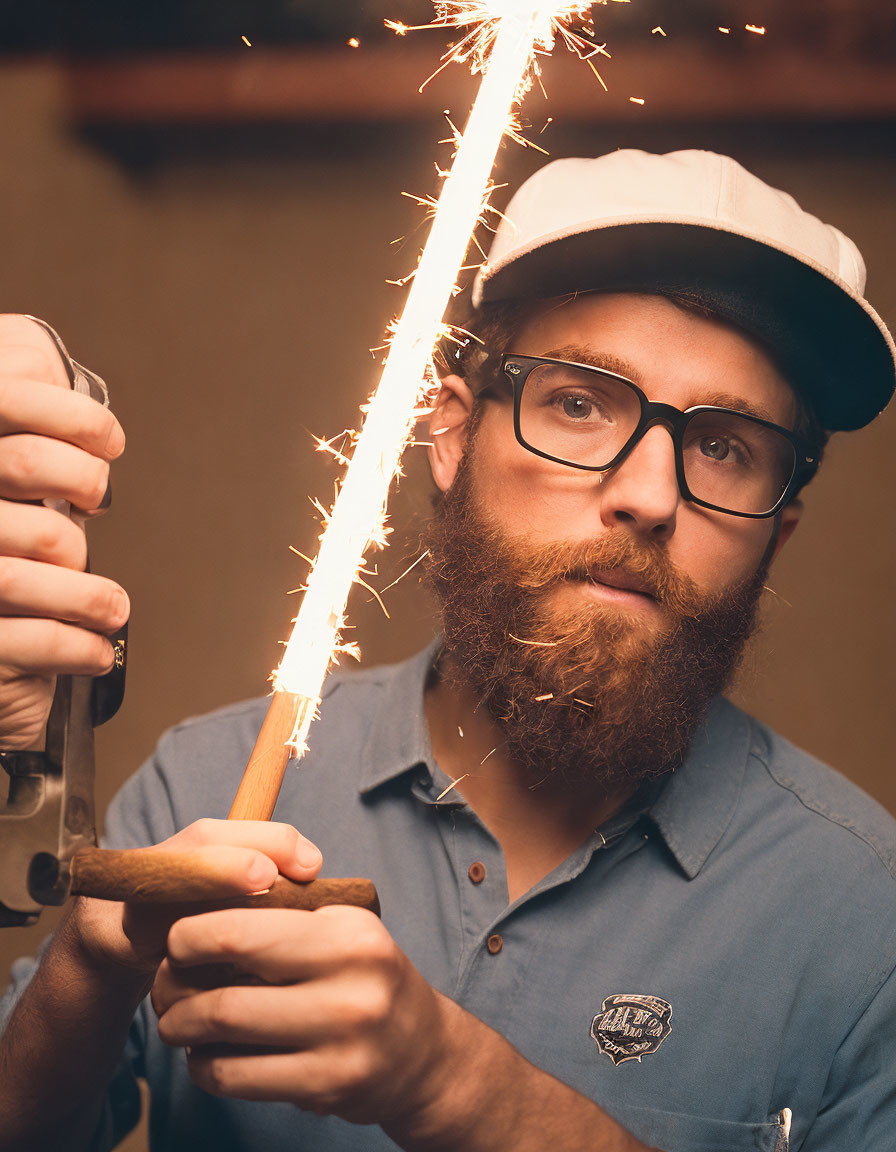 Bearded man in glasses with sparkler and cap gazes at camera