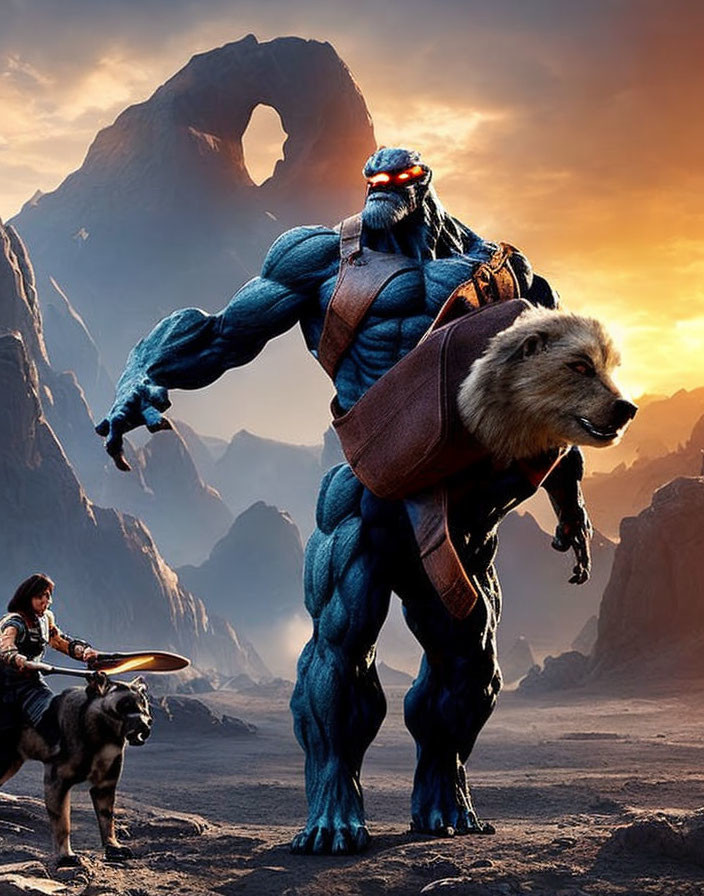 Blue creature with horns, man with shield, and dog in rocky landscape