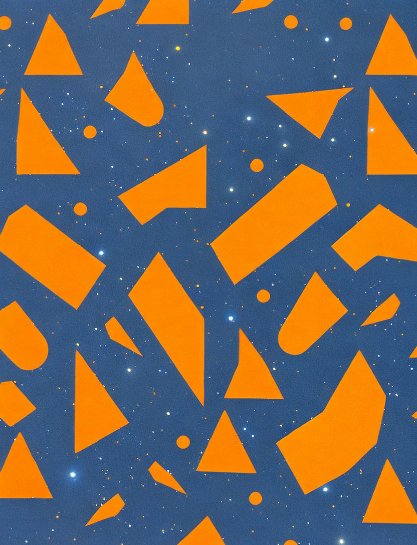 Orange Geometric Shapes on Navy Blue Background with Star-like Speckles