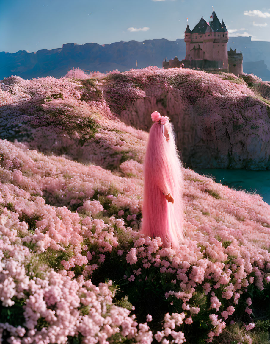 Long Pink-Haired Person in Field of Pink Flowers by Blue Water and Castle