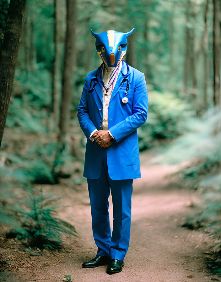 Person in Blue Suit and Owl Mask in Forested Path