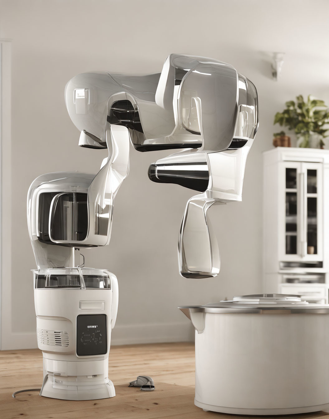 Modern Chrome-Plated Kitchen Stand Mixer on Wooden Floor