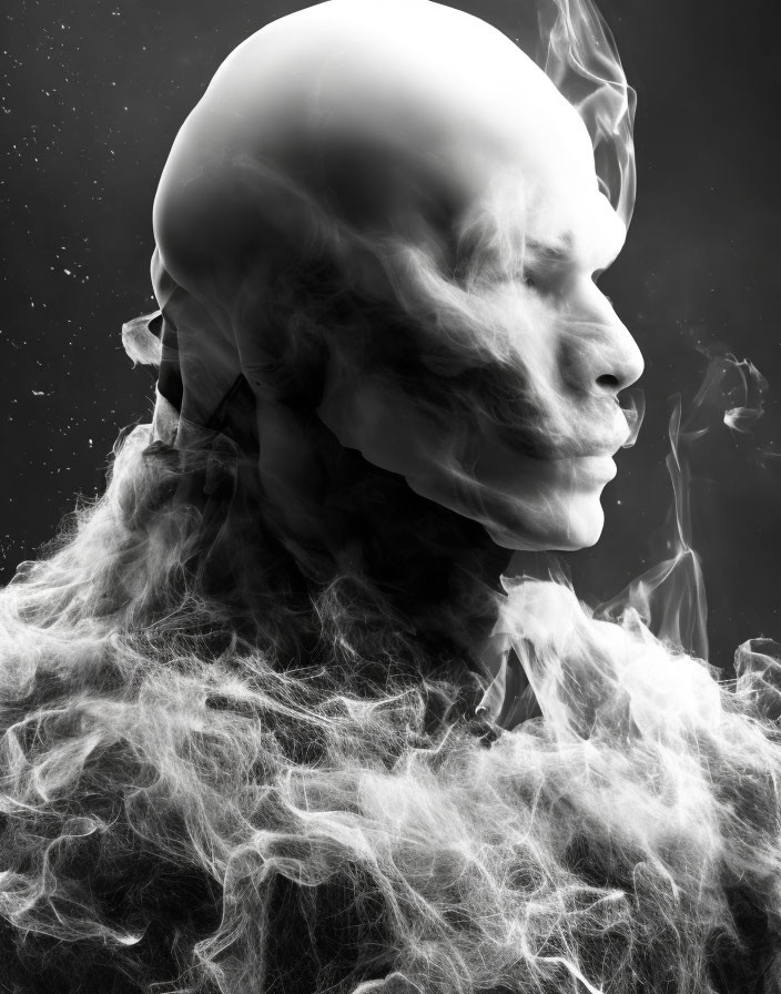 Monochromatic artistic image of person in swirling smoke