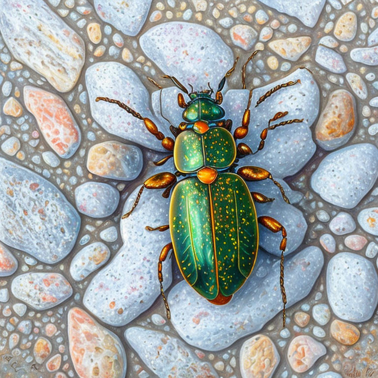 Vibrant green beetle with gold speckles on pebbles