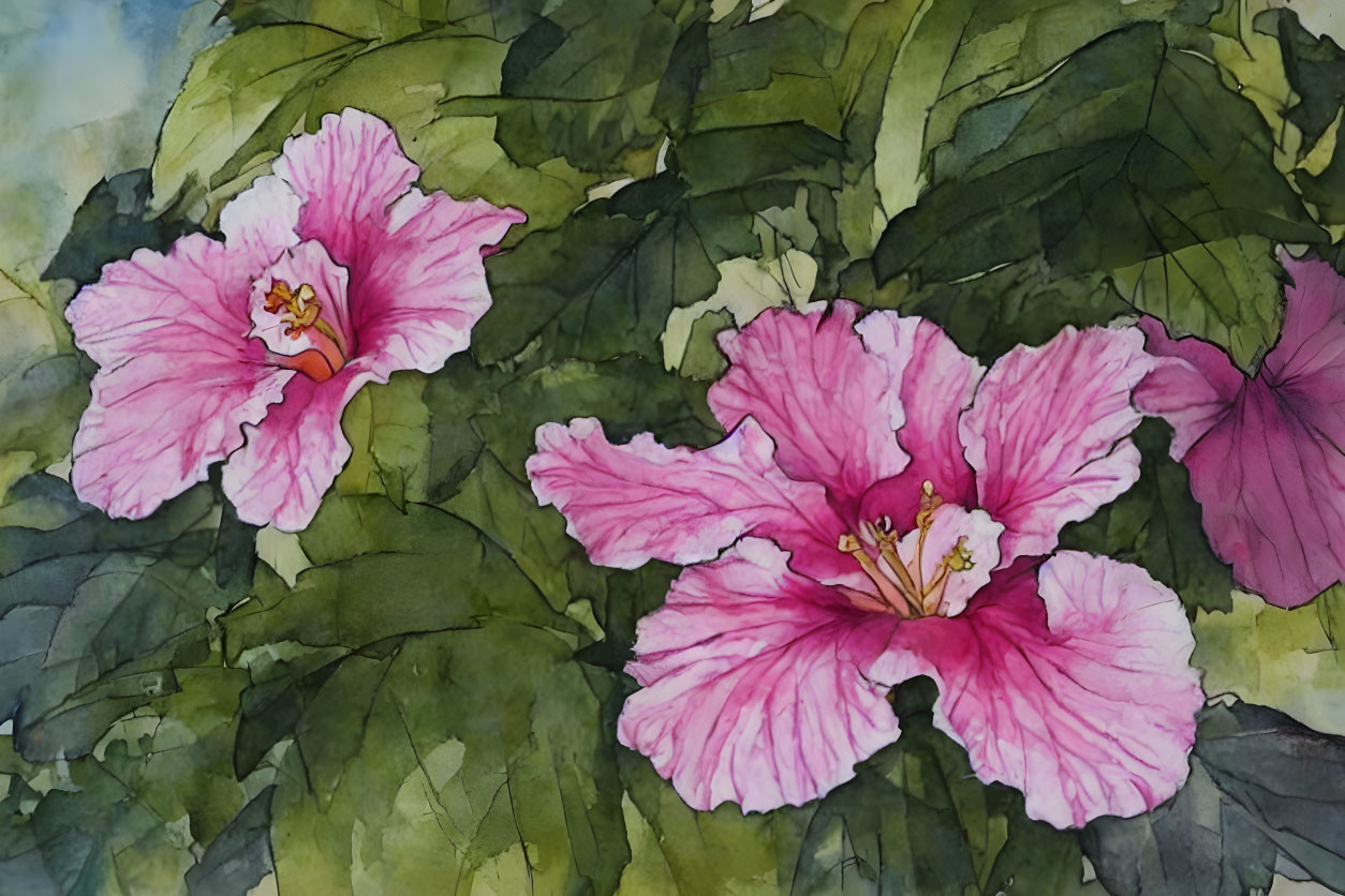 Pink Hibiscus Flowers Watercolor Illustration with Green Leaves