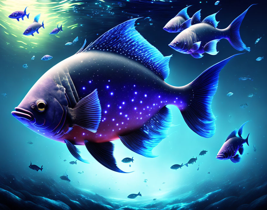 Colorful cosmic fish swimming among star-filled underwater scene