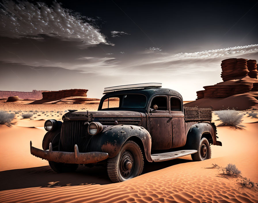 Abandoned vintage truck in desert with sand dunes and rock formations