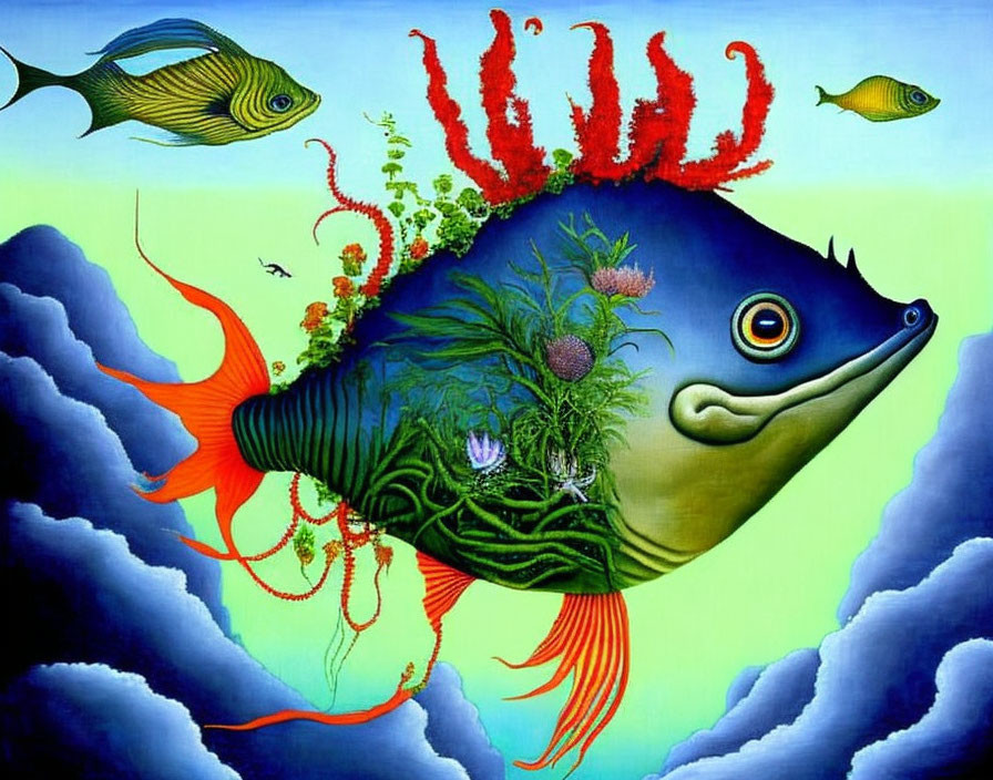 Colorful whimsical fish painting with garden and fish swimming in blue waves.