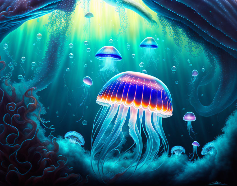 Colorful Jellyfish Floating in Deep Blue Ocean with Green Light