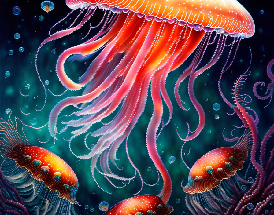 Colorful Glowing Jellyfish Surrounded by Marine Life Underwater