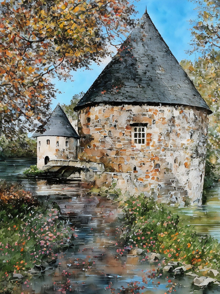 Medieval stone towers painting with river, trees, and flowers