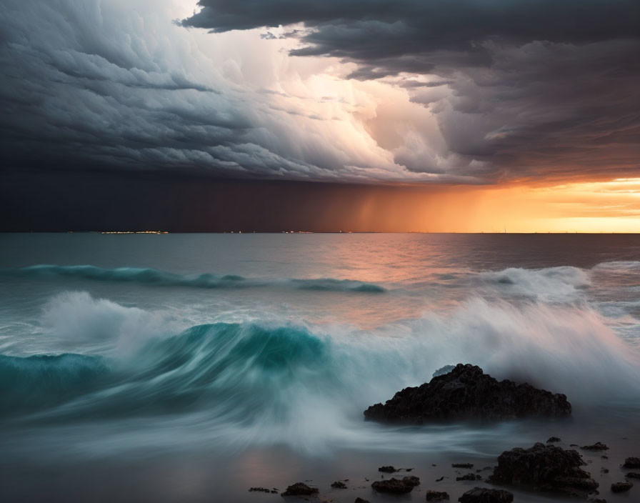 Stormy Seascape with Sunbeams and Turbulent Waves