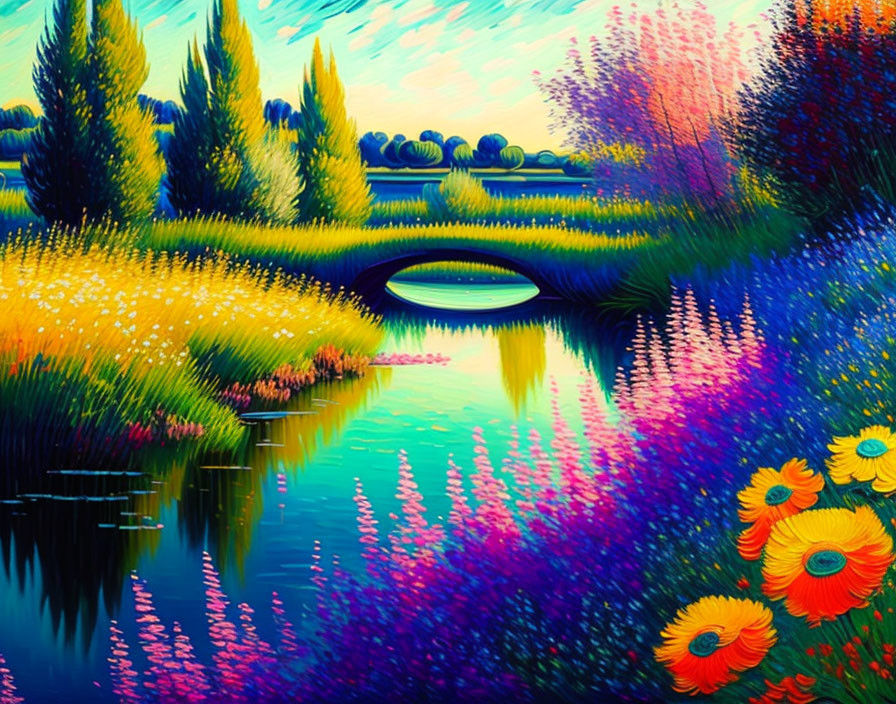 Colorful Landscape Painting with Small Bridge, River, Flowers, Trees, and Blue Sky